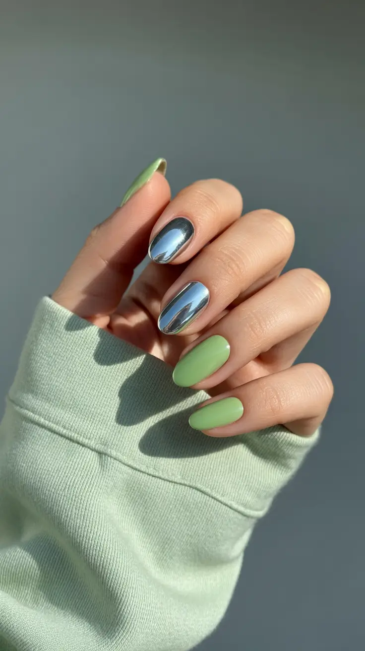 chrome spring nails green Fresh Green Accents with Mirror Chrome Contrast