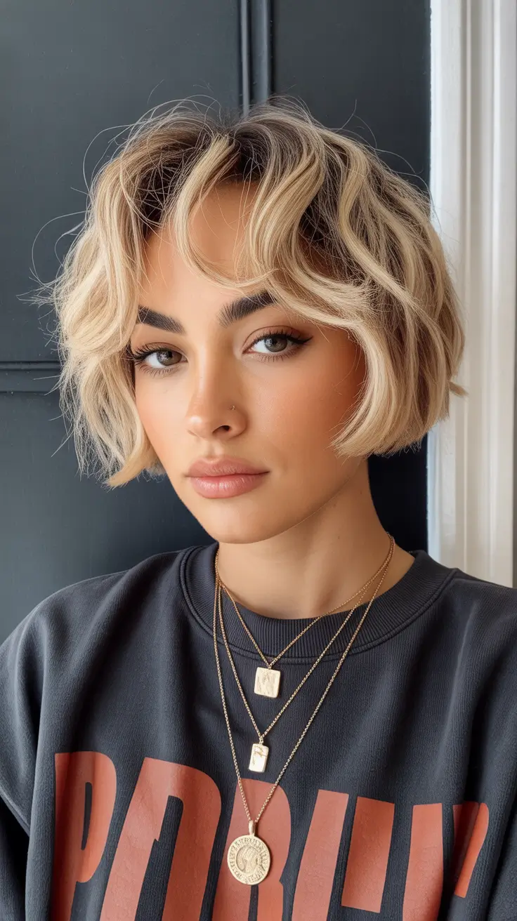 spring hair color for tan skin Soft Honey Bronde Bob with Shadowed Roots
