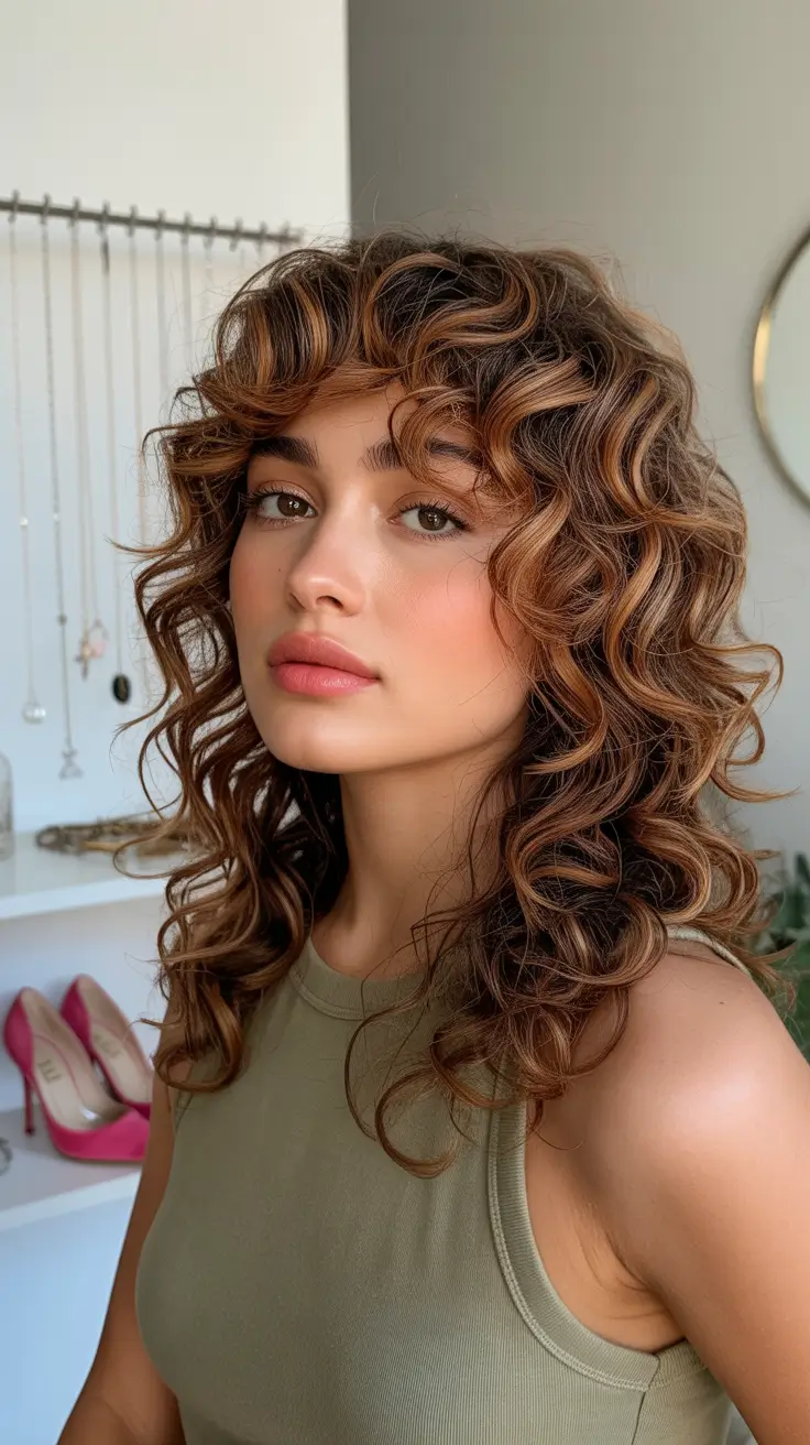 spring hair color for tan skin Cinnamon Mocha Curls with Lived-In Volume