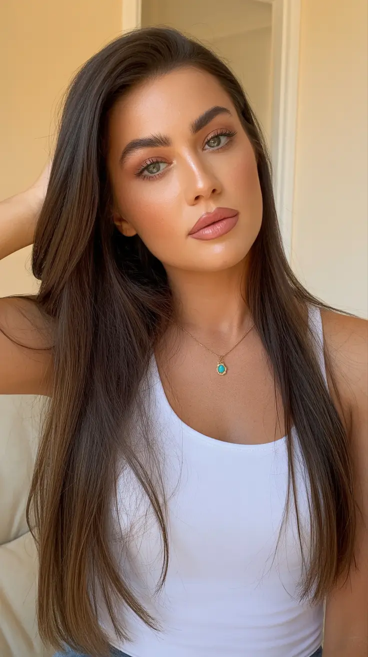 spring hair color for tan skin Deep Chocolate Gloss with Subtle Contour