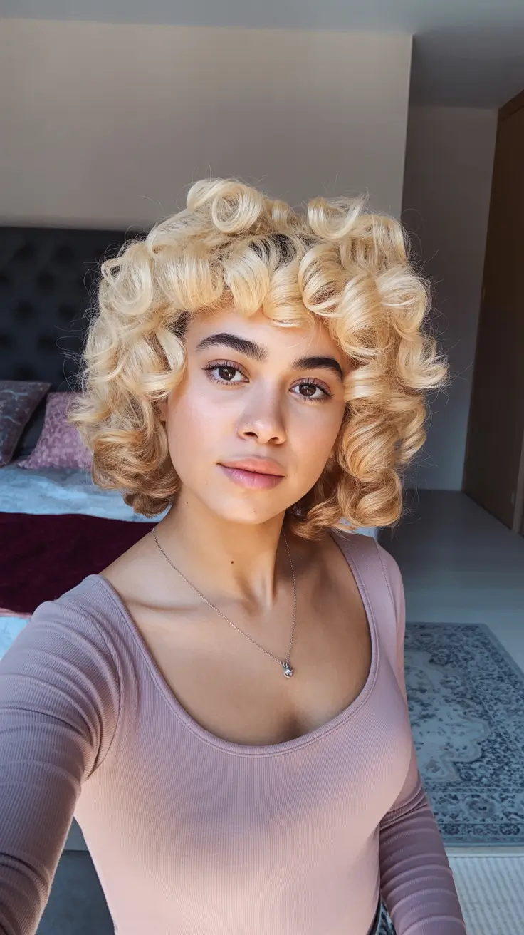 spring hair color for tan skin Buttercream Blonde Curly Bob