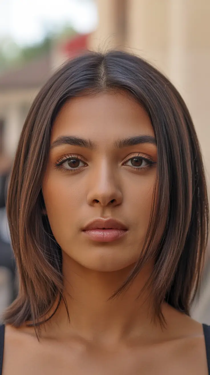 spring hair color for tan skin Toffee Melt Lob with Center Part