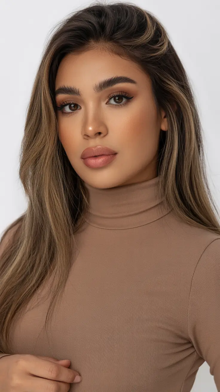 spring hair color for tan skin Mocha Contour with Subtle Face-Framing Highlights