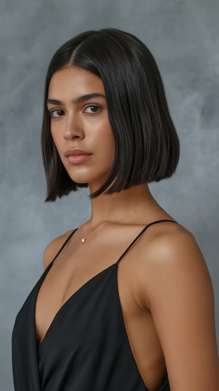 spring hair color for tan skin Sleek Jet Black Precision Bob