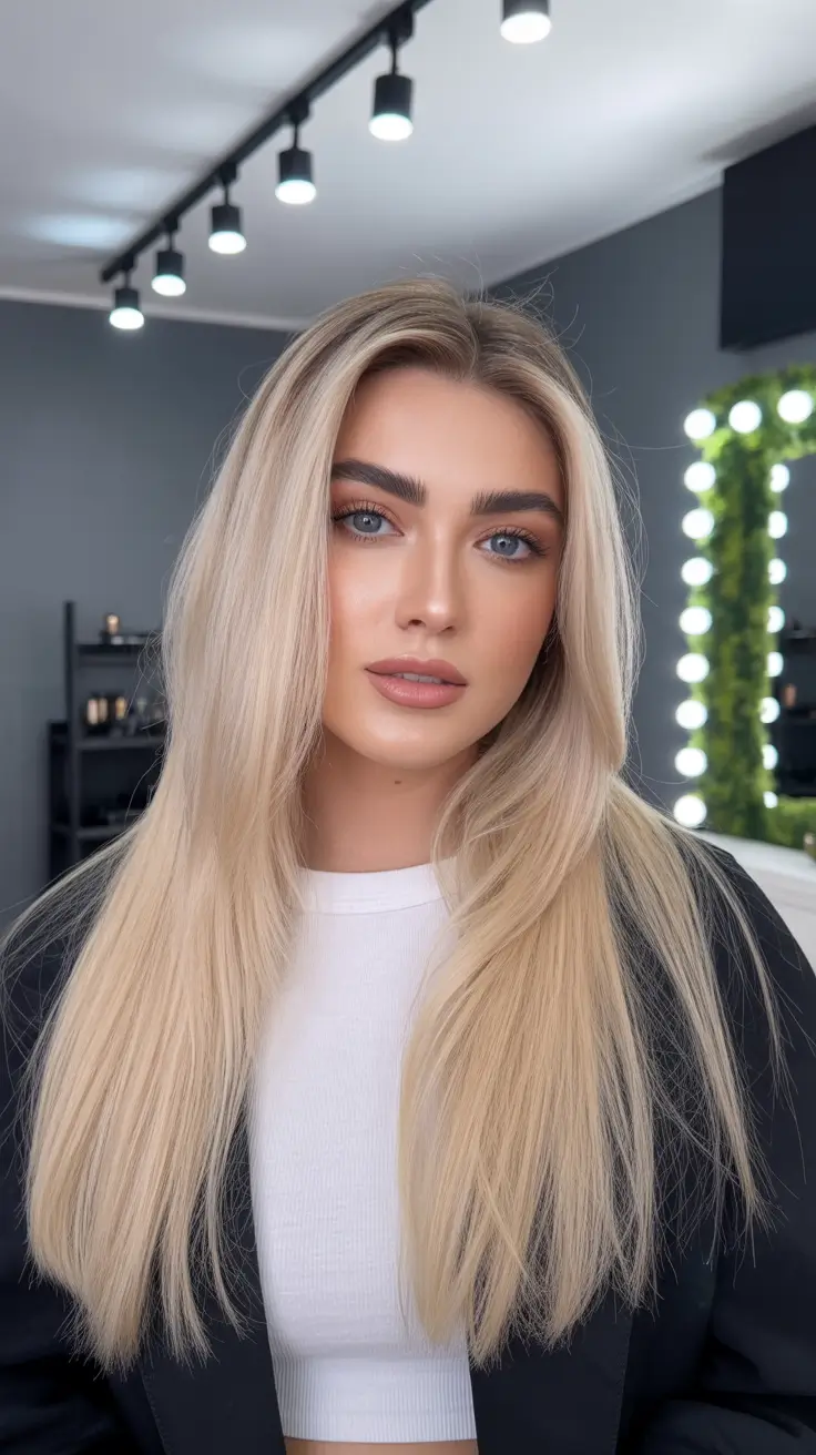 spring blonde hair color 2026 polished champagne blonde with seamless length