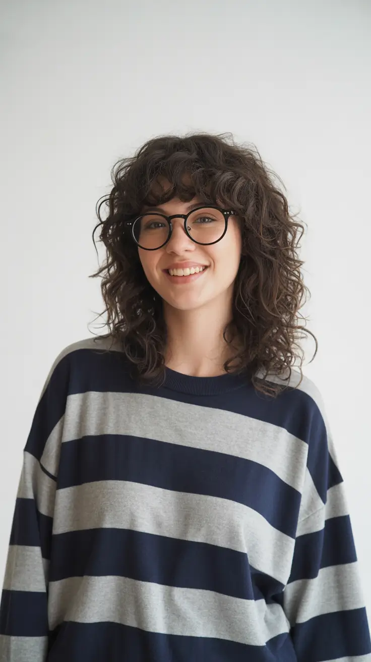 spring haircuts 2026 Soft Curly Shag with Playful Fringe
