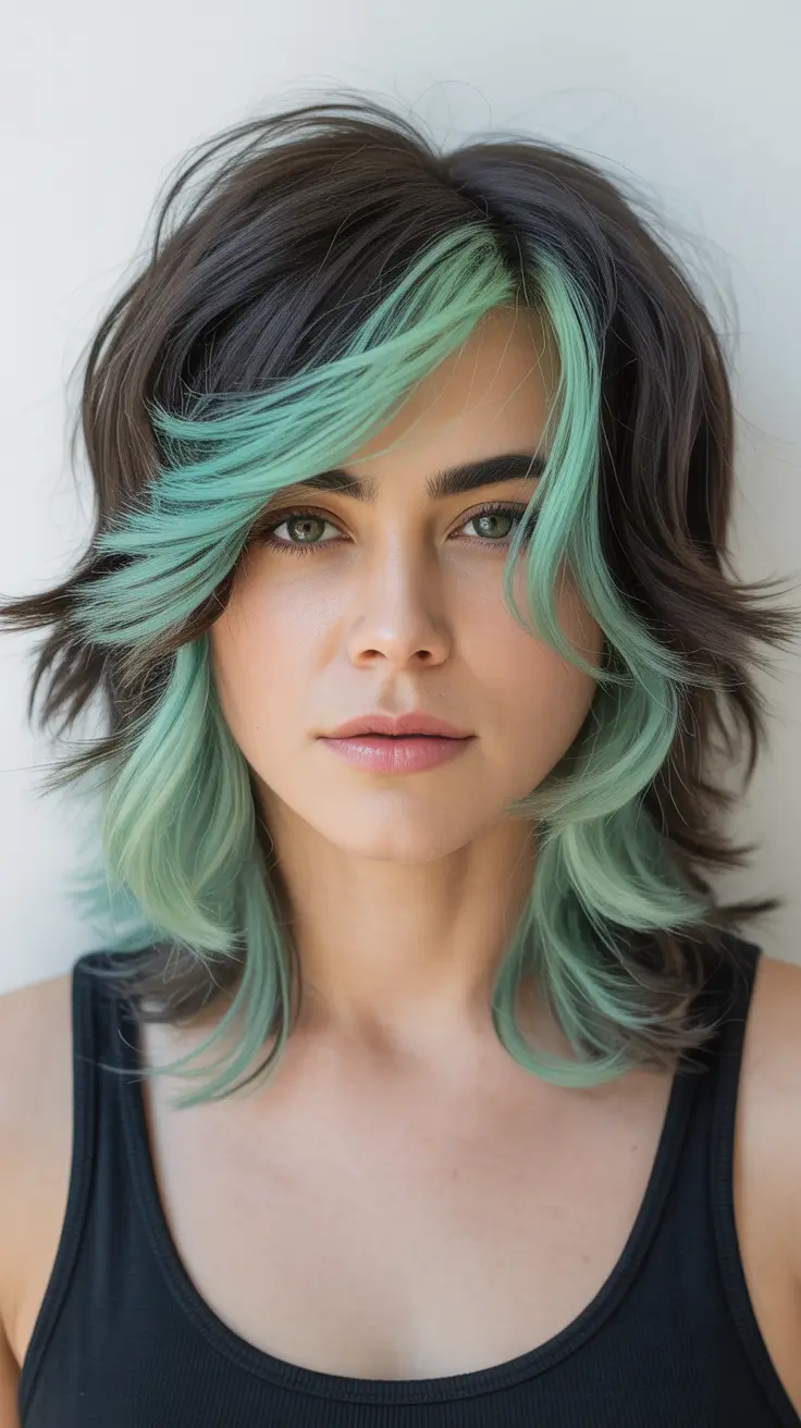 spring haircuts 2026 Modern Layered Medium Cut with Mint Accent Highlights