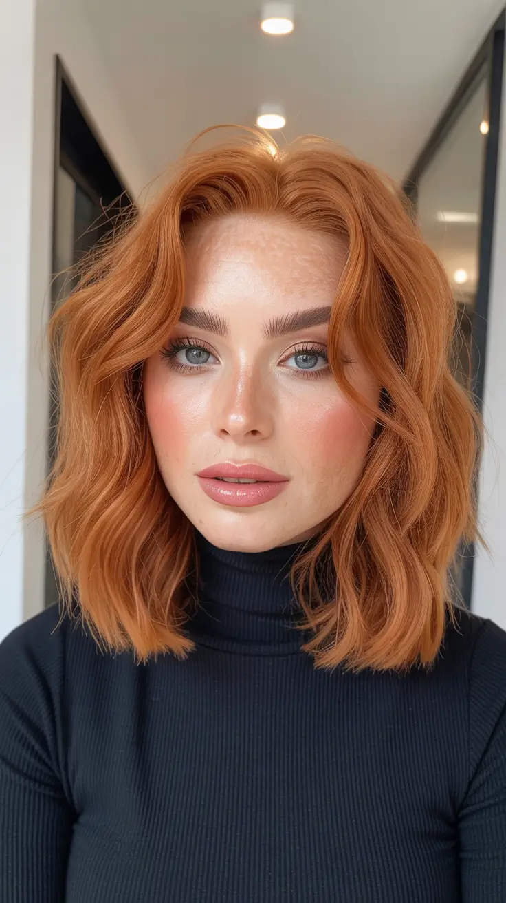 spring haircuts 2026 Textured Copper Wavy Lob with Natural Volume
