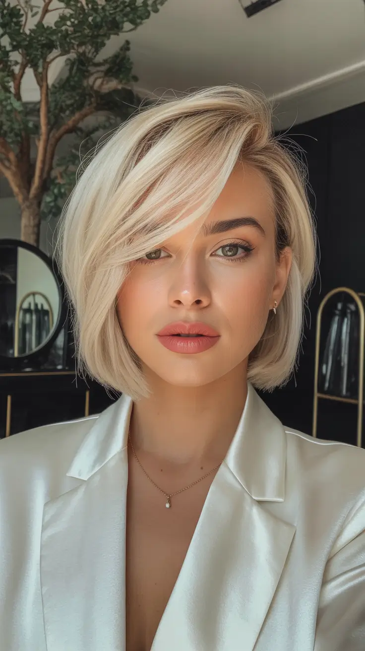 spring haircuts 2026 Elegant Blonde Angled Bob with Side Sweep