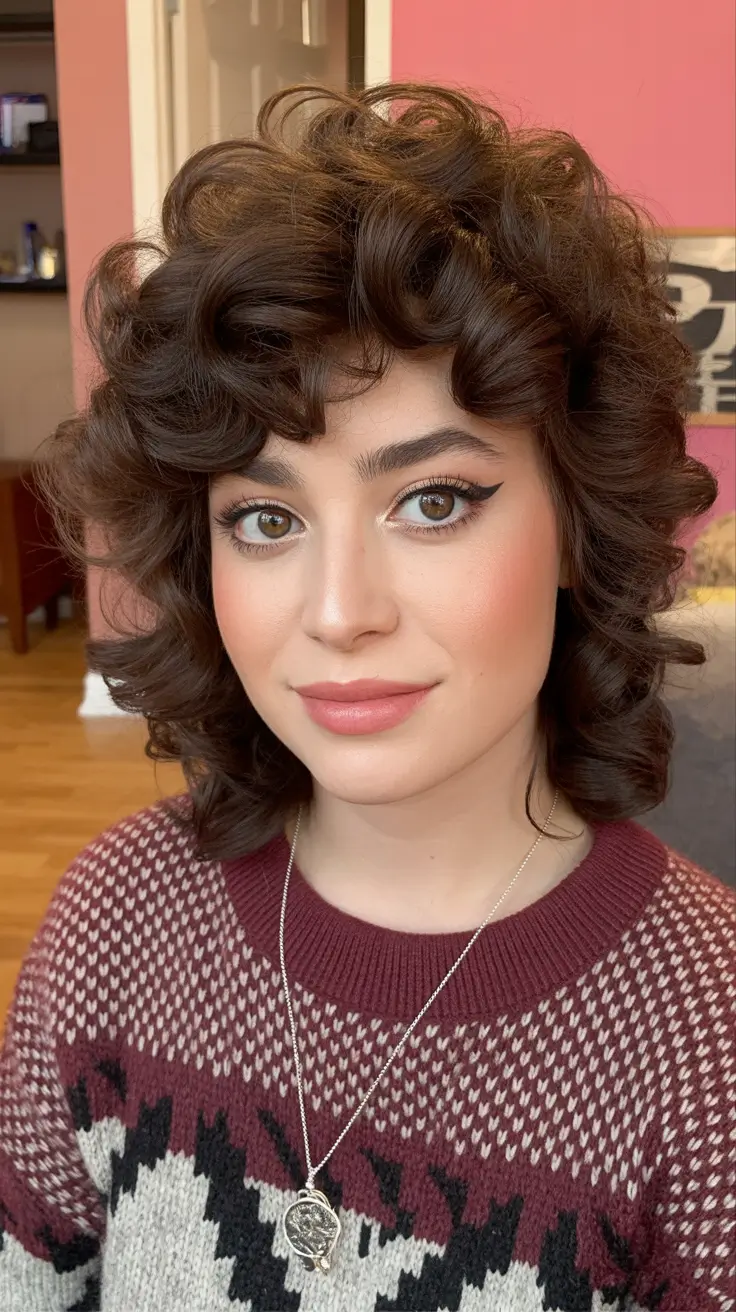 spring haircuts 2026 Voluminous Curly Shag with Retro Influence
