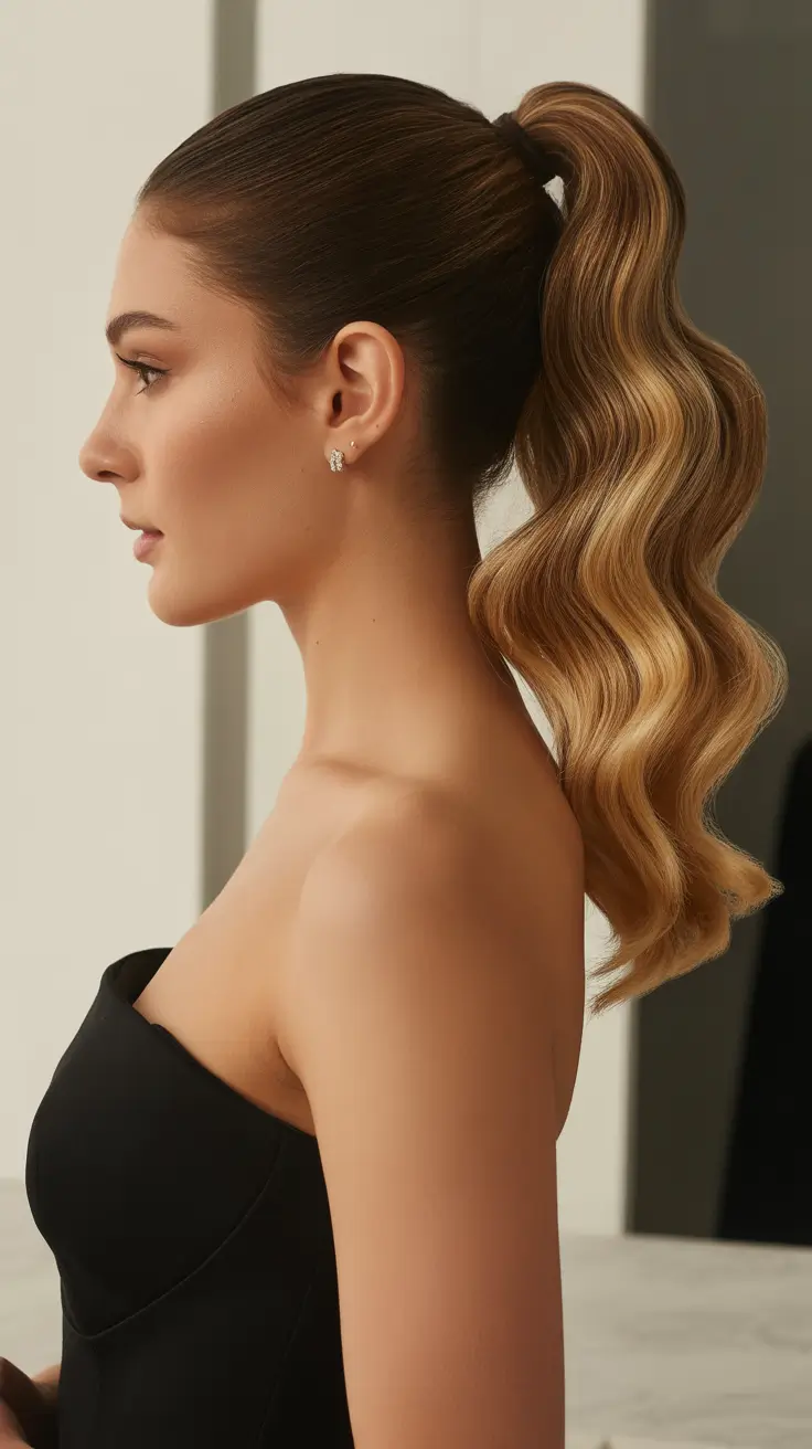 spring haircuts 2026 Sculpted High Ponytail with Glossy Waves