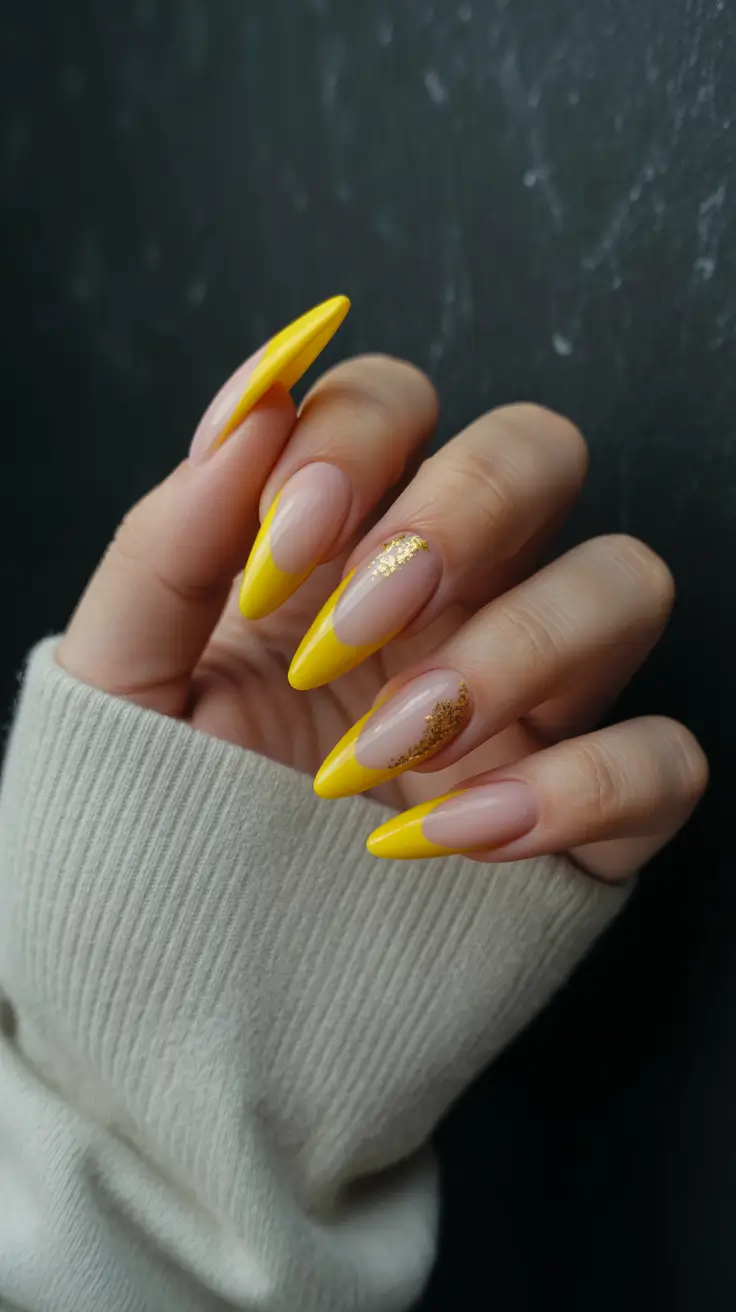 elegant yellow spring nails in 2026 gold accent french
