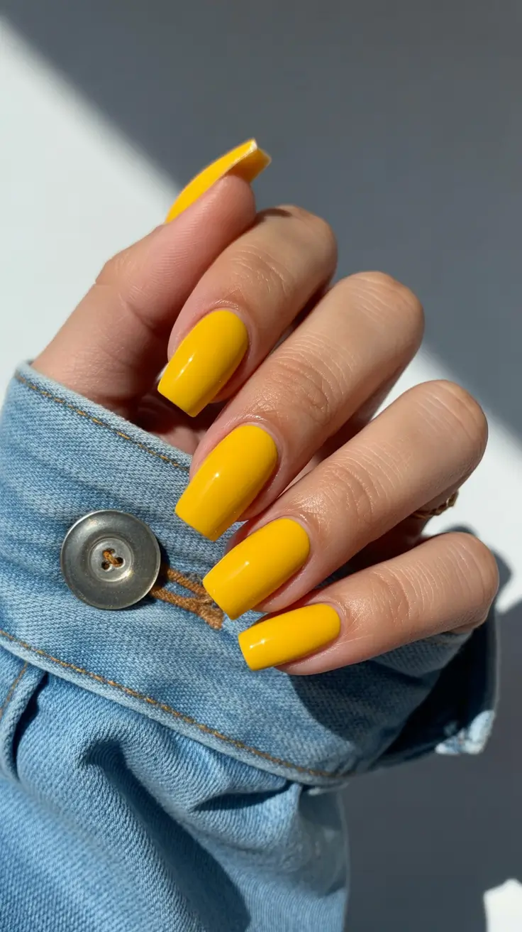 elegant yellow spring nails in 2026 square glossy design