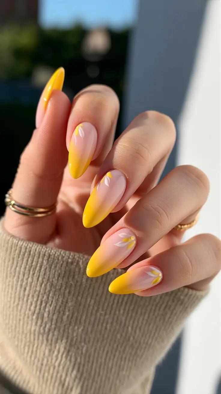elegant yellow spring nails in 2026 floral ombre design