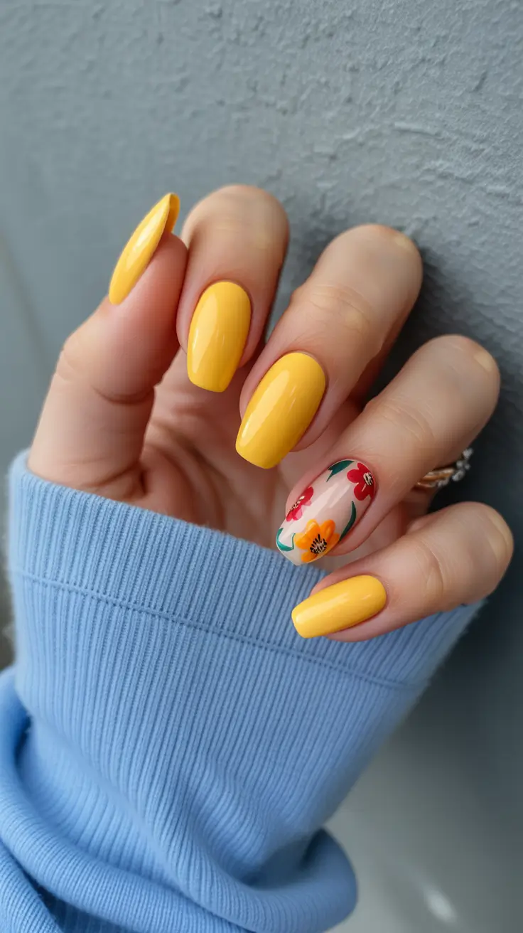 elegant yellow spring nails in 2026 floral design