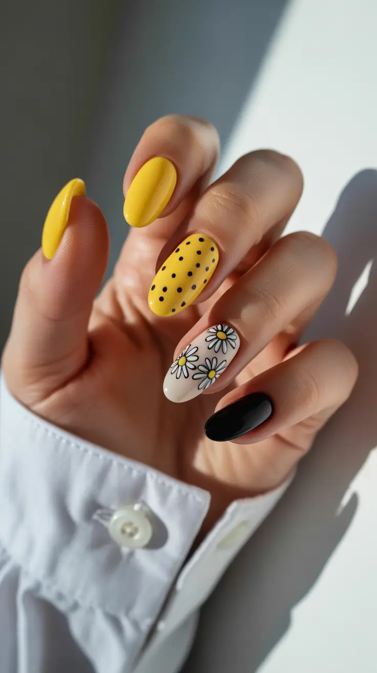 elegant yellow spring nails in 2026 daisy polka design