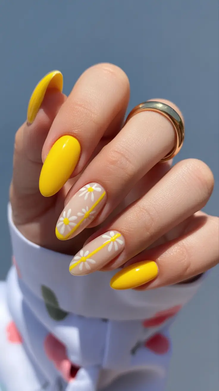elegant yellow spring nails in 2026 daisy line art