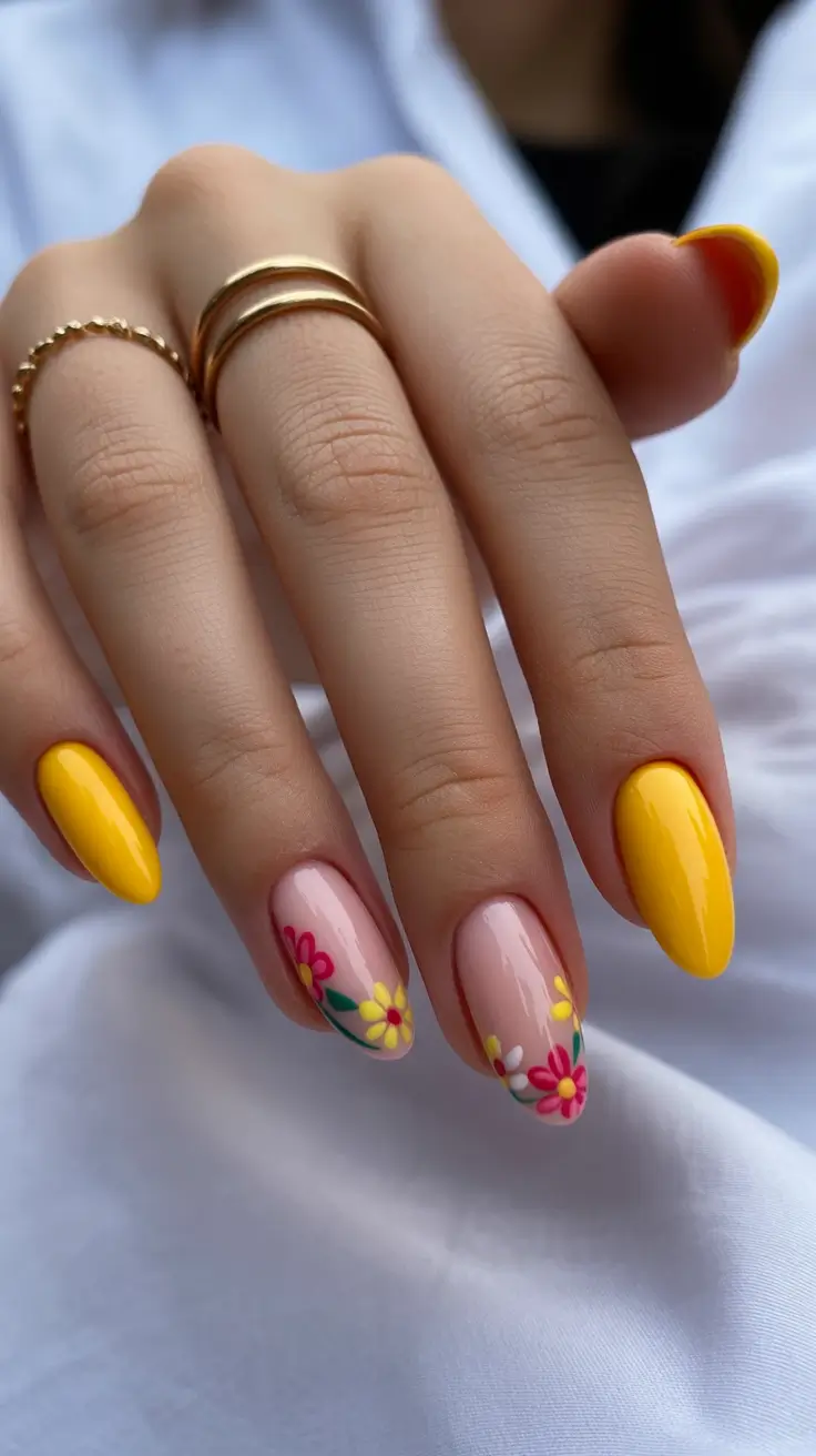 elegant yellow spring nails in 2026 pink flowers design