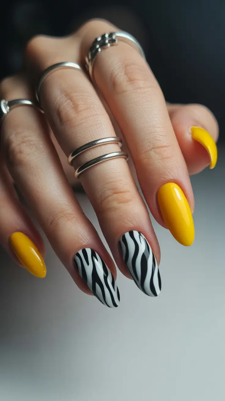 elegant yellow spring nails in 2026 graphic wave design