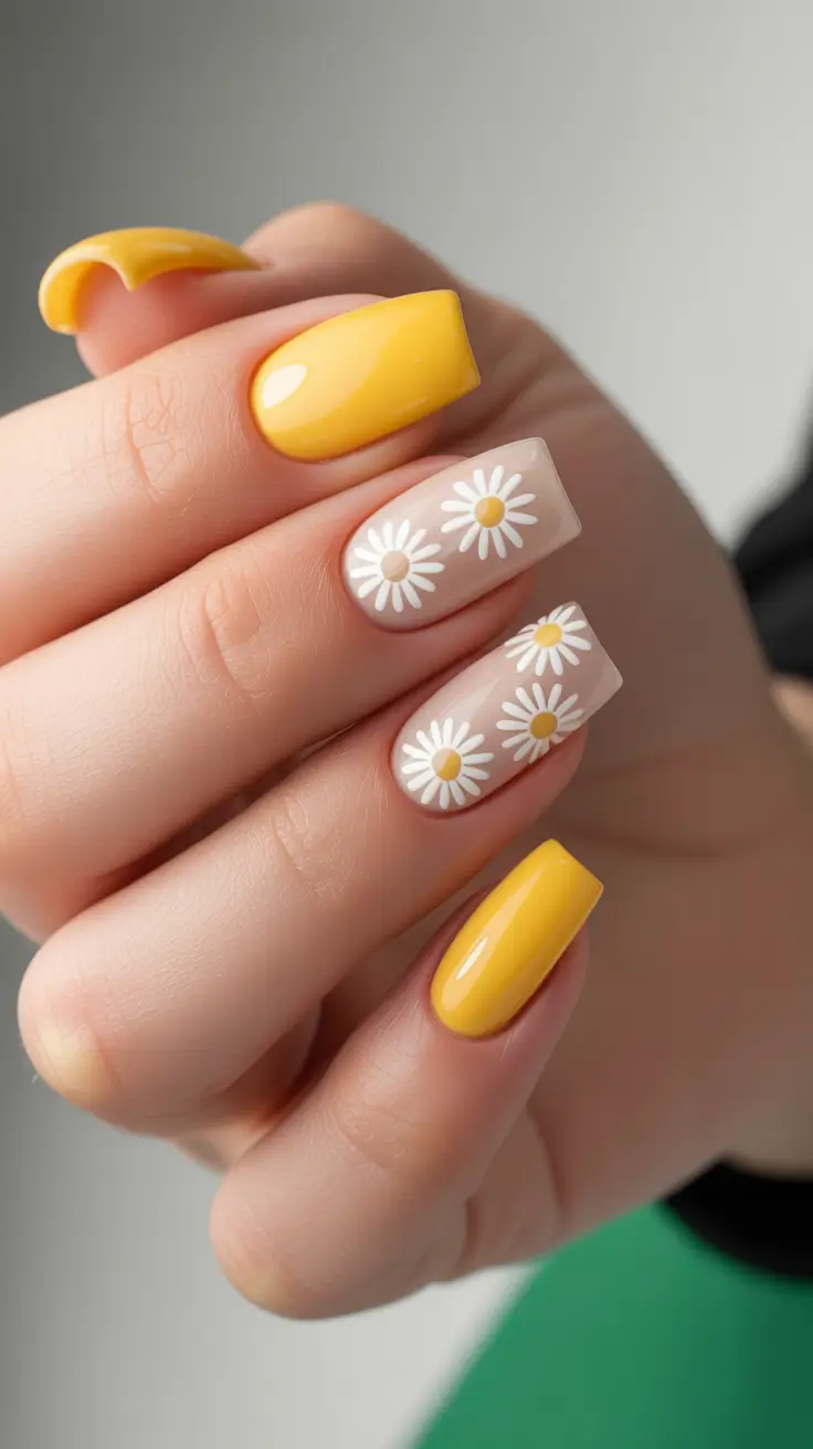 elegant yellow spring nails in 2026 daisy square design