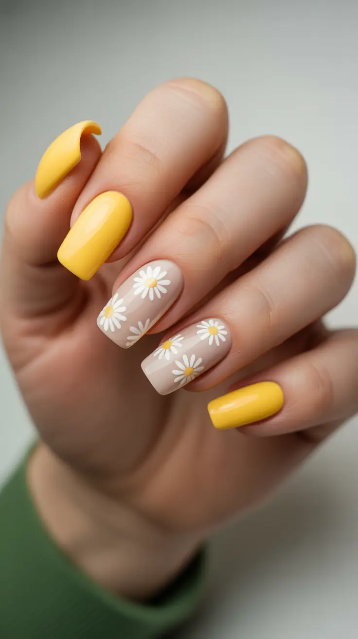 elegant yellow spring nails in 2026 daisy flower design