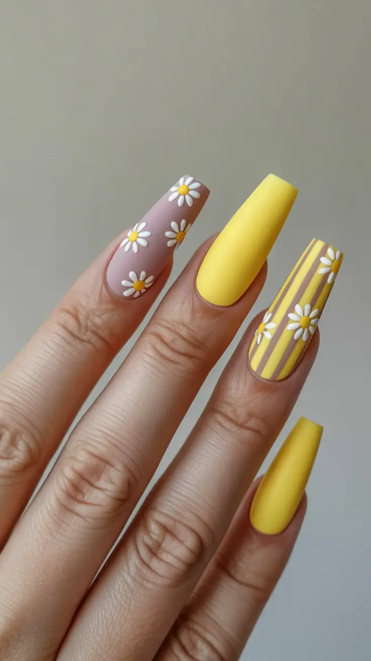 elegant yellow spring nails in 2026 acrylic daisy art