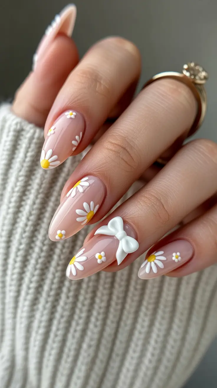 elegant yellow spring nails in 2026 almond daisy design