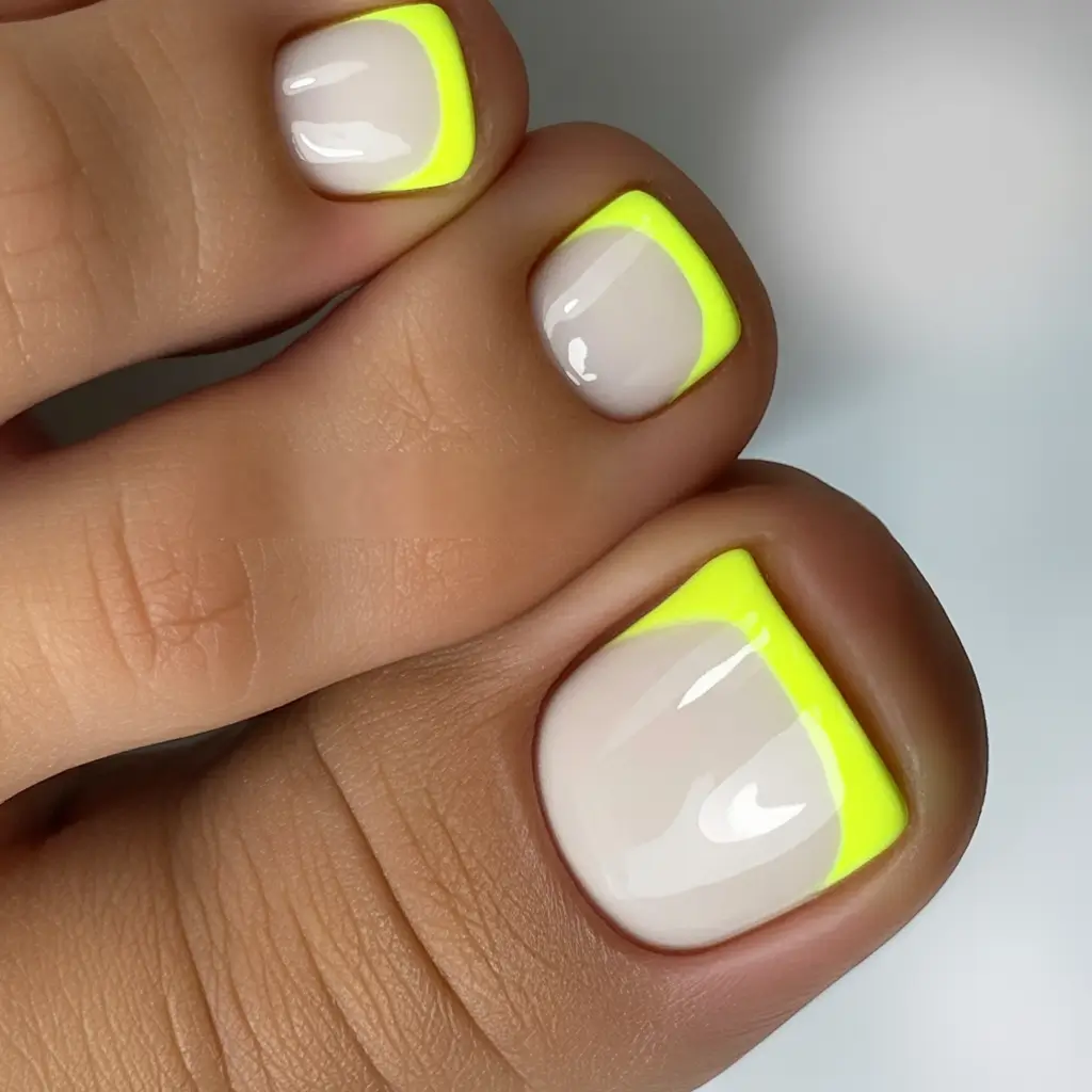 spring toe nail colors 2026 Neon French Pedicure for a Modern Spring Twist