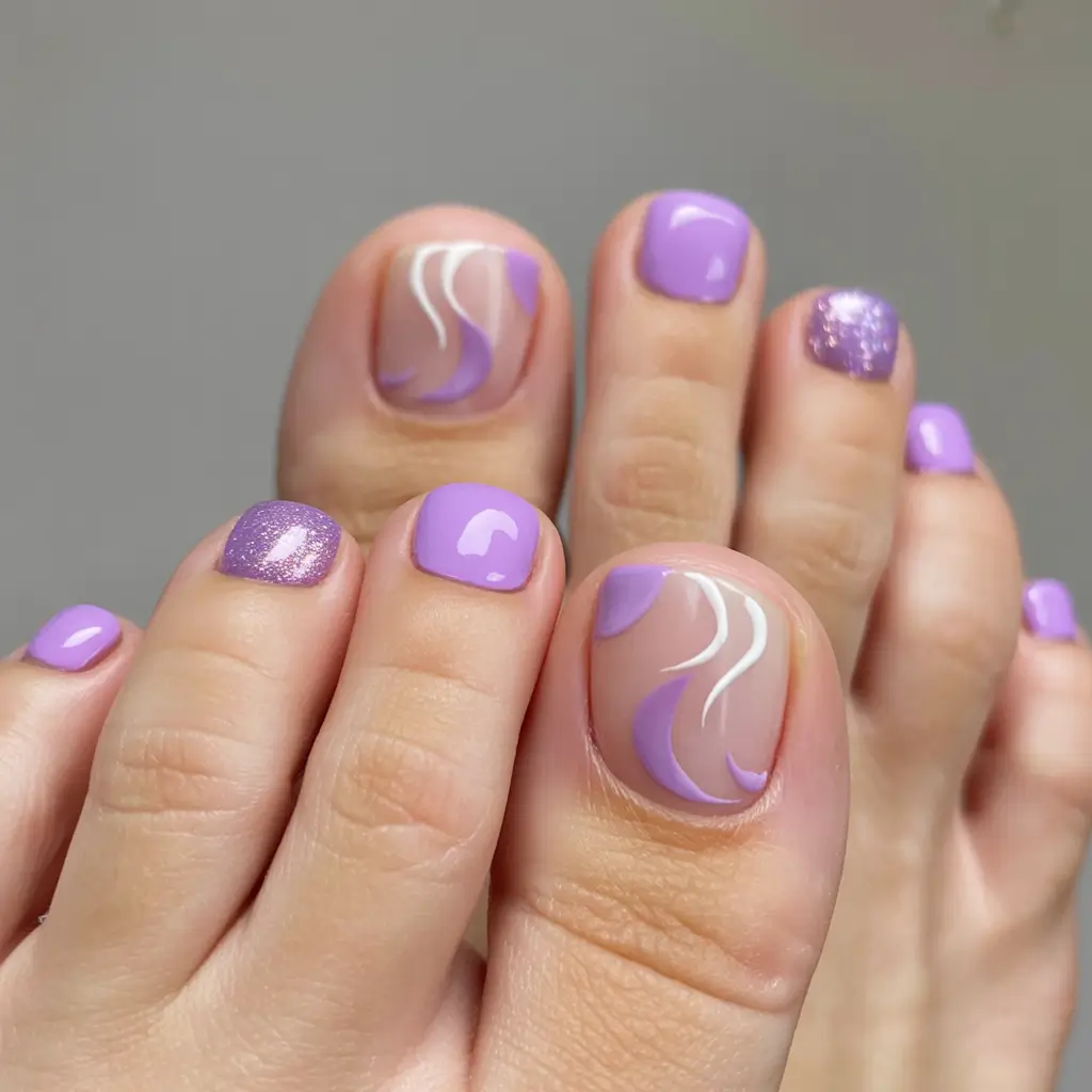 spring toe nail colors 2026 Soft Lavender Swirl Pedicure with Subtle Glitter