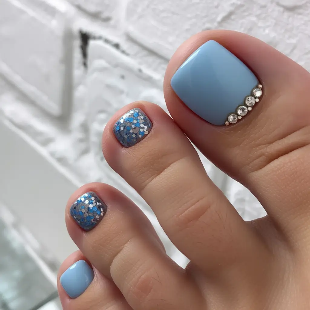 spring toe nail colors 2026 Soft Blue Pedicure with Glitter and Crystal Detail