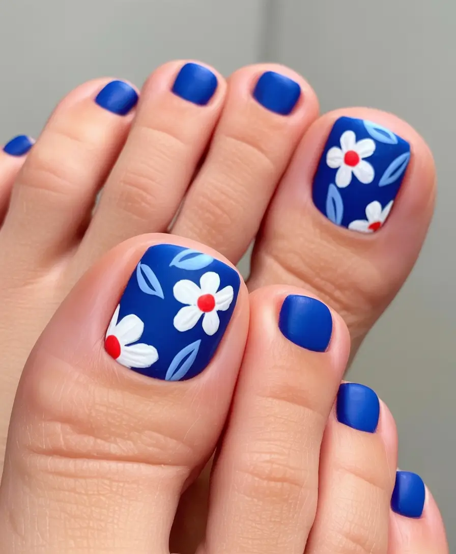 spring toe nail colors 2026 Royal Blue Floral Pedicure for a Fresh Spring Statement