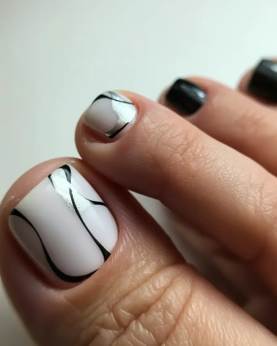 spring toe nail colors 2026 Minimal Marble Pedicure with Graphic Black Accents