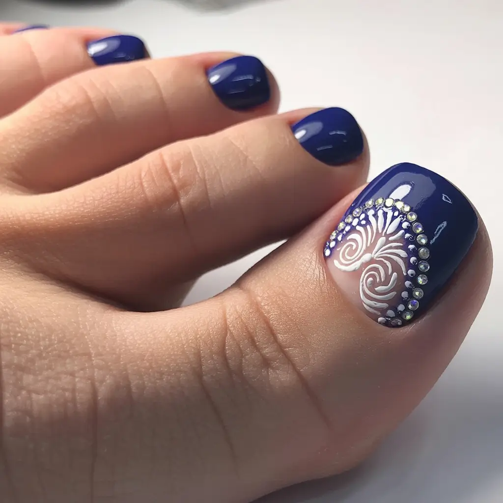 spring toe nail colors 2026 Deep Navy Pedicure with Elegant Crystal Detail