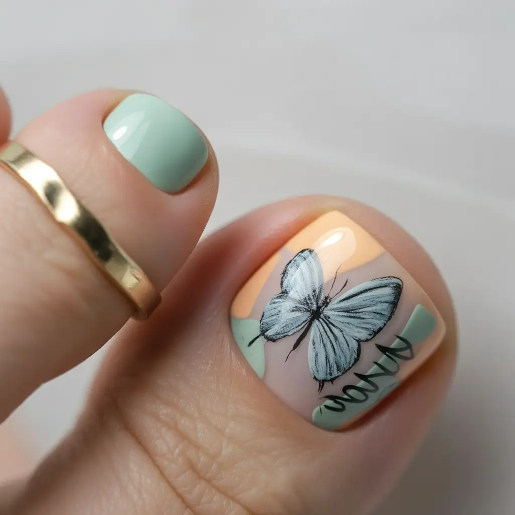 spring toe nail colors 2026 Playful Butterfly Accent with Soft Pastel Color Blocking