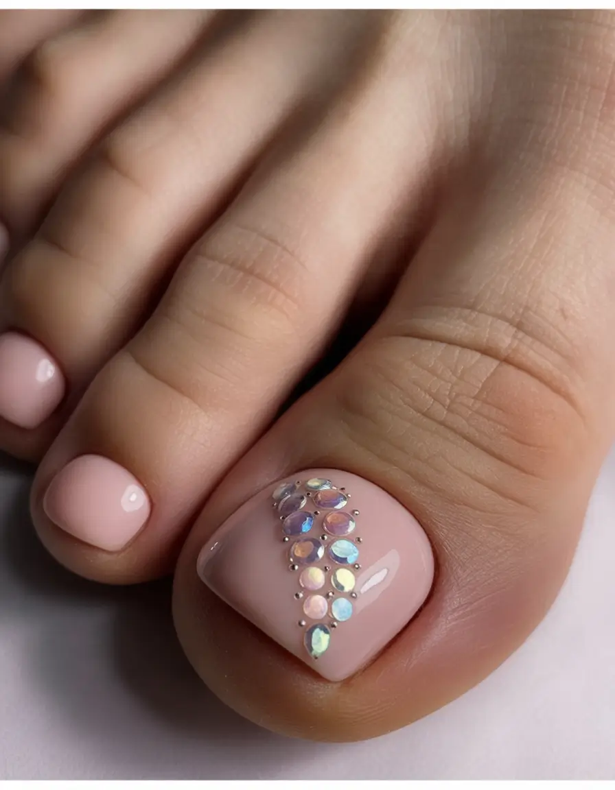 spring toe nail colors 2026 Soft Blush Pedicure with Delicate Crystal Accent