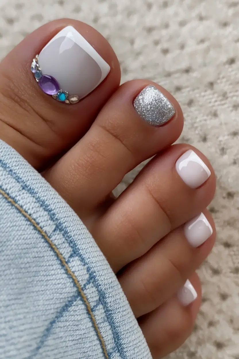 spring toe nail colors 2026 Elegant French Pedicure with Jewel Accent Detail