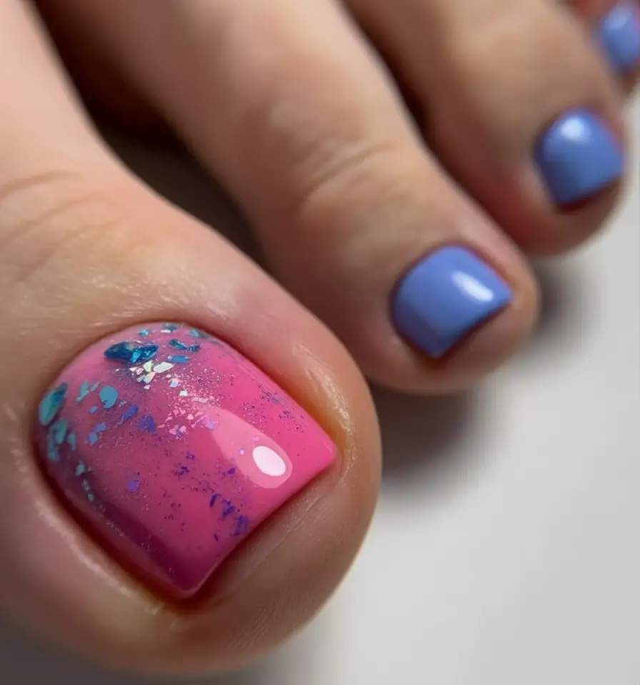 spring toe nail colors 2026 Glossy Pink Pedicure with Artistic Foil Texture