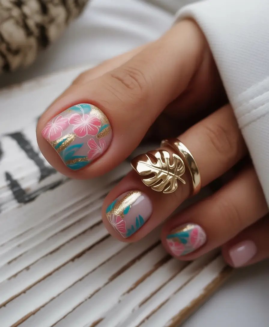 spring toe nails 2026 Soft Tropical Florals with Gold Accents