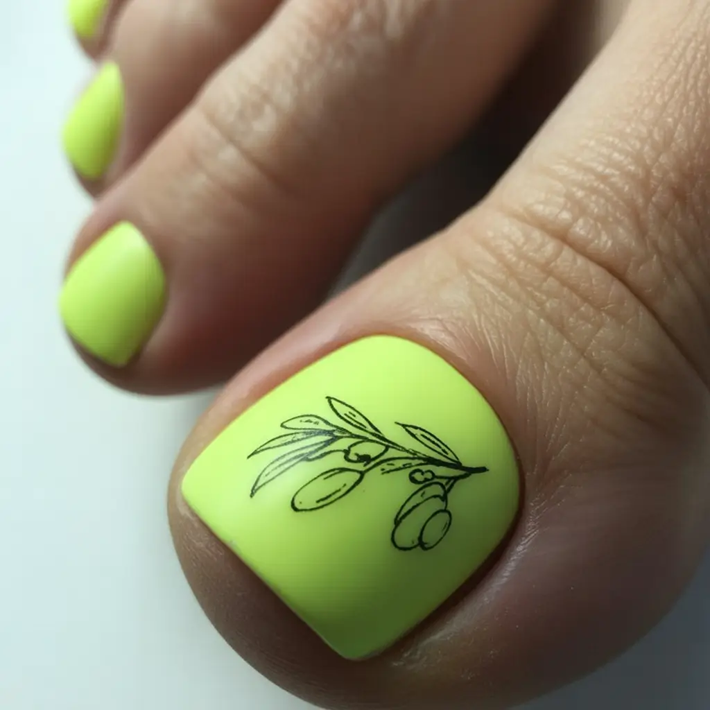 spring toe nails 2026 Fresh Lime Botanical Line Art Pedicure