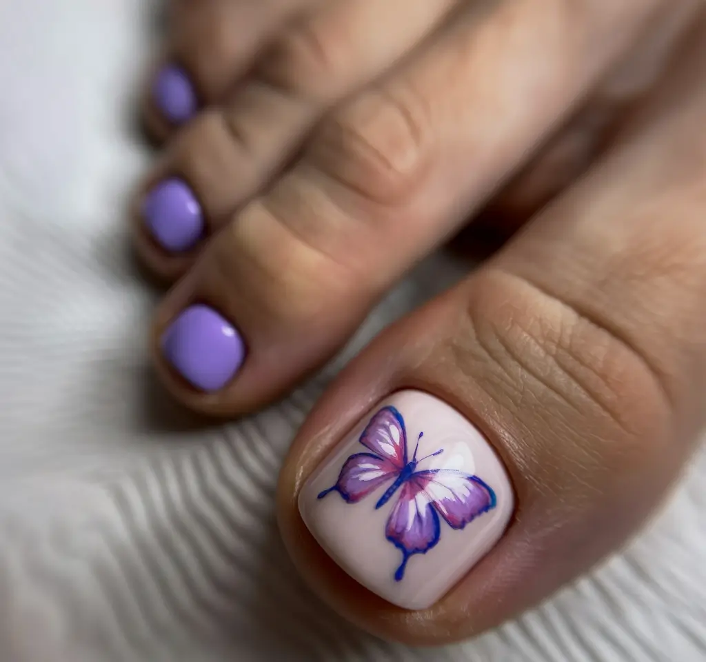 spring toe nails 2026 Lavender Butterfly Accent Pedicure