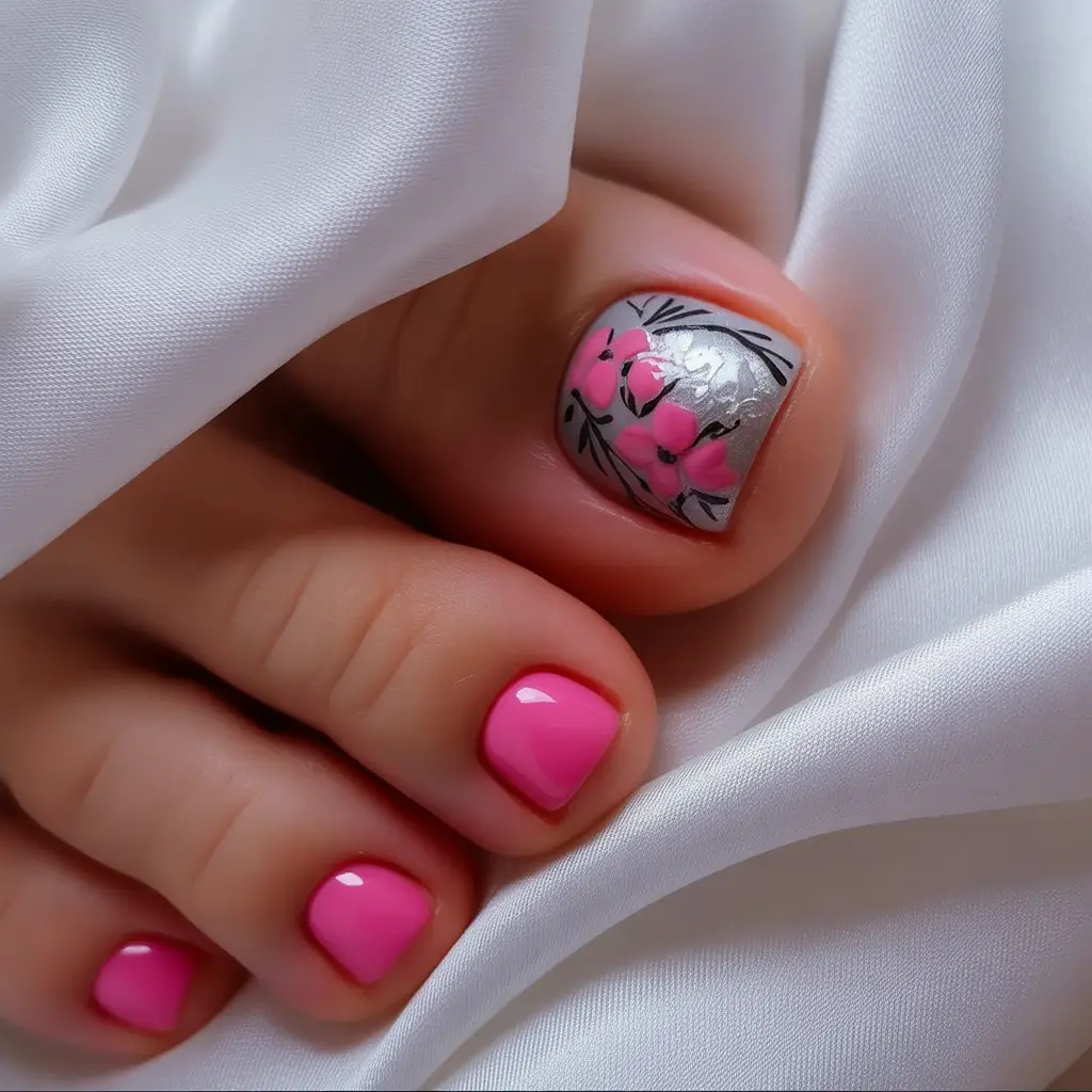 spring toe nails 2026 Silver Blossom Accent Pedicure