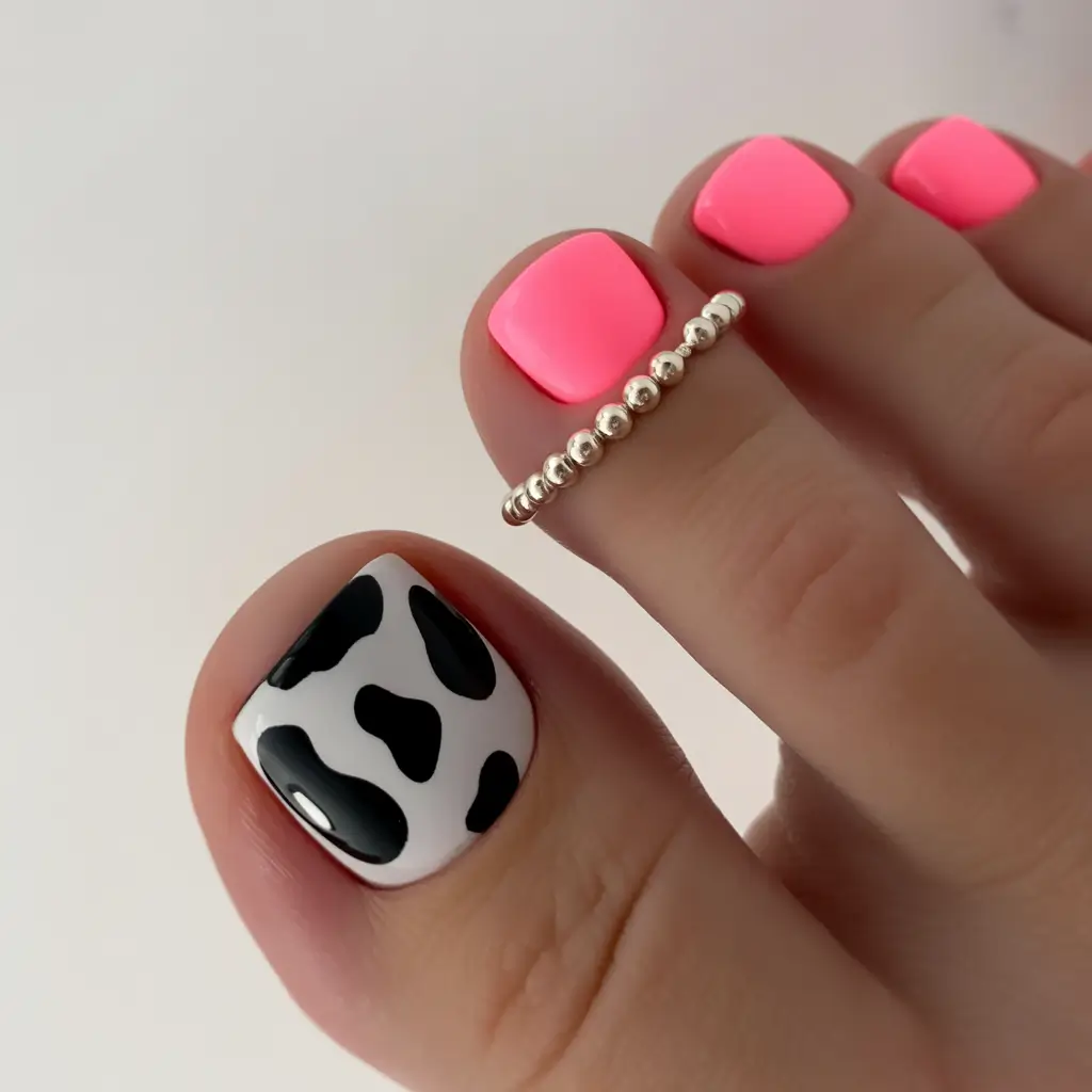 spring toe nails 2026 Playful Cow Print Accent Pedicure
