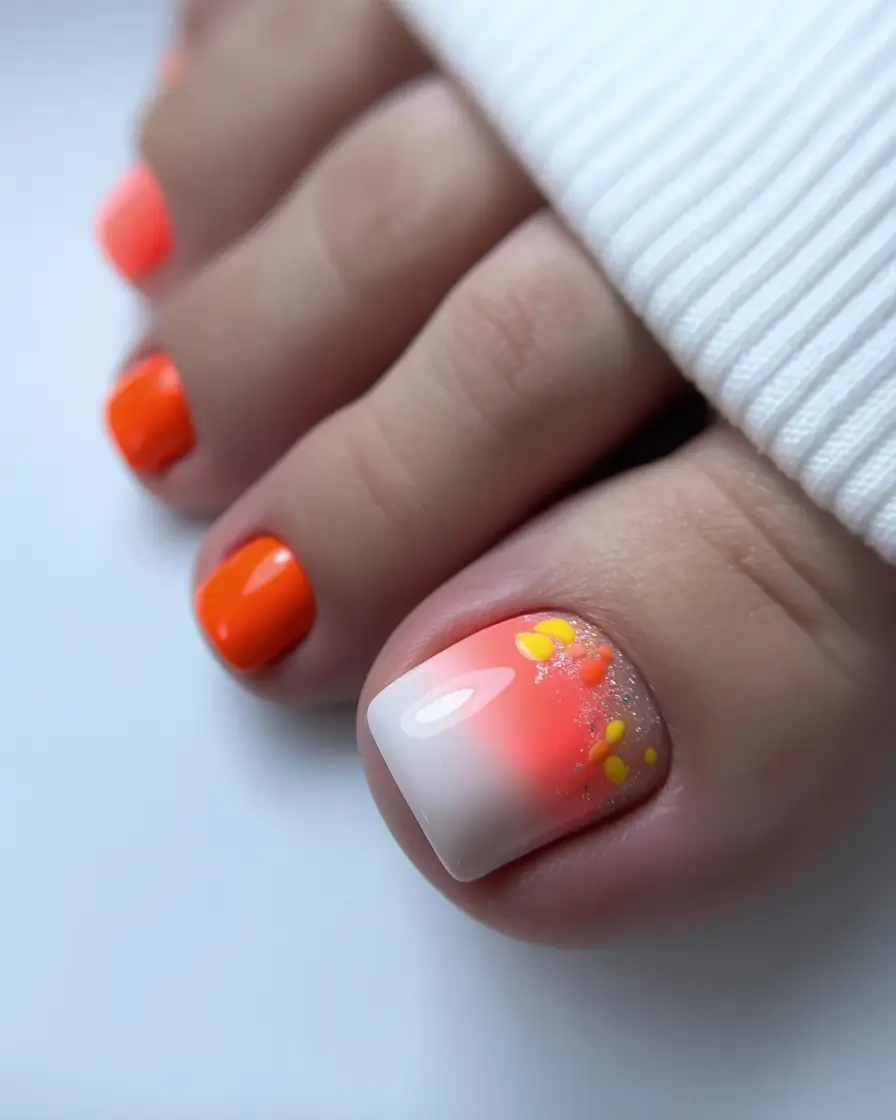 spring toe nails 2026 Sunset Ombre with Neon Sparkle