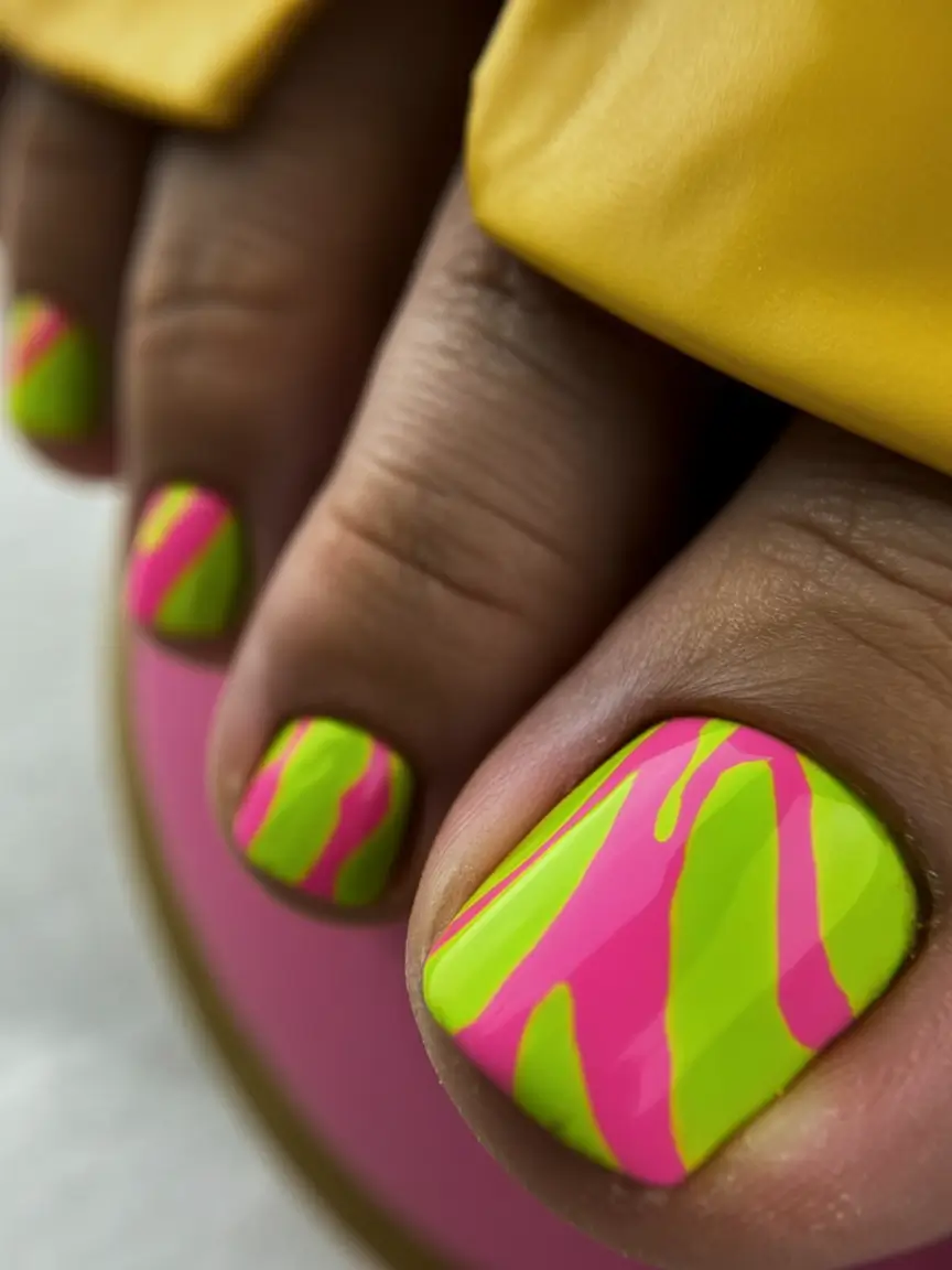 spring toe nails 2026 Electric Lime and Hot Pink Graphic Pedicure