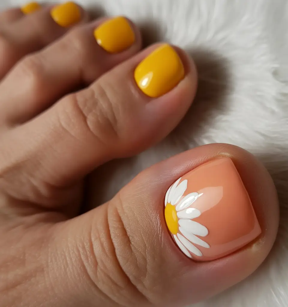 spring toe nails 2026 Soft Peach Daisy Pedicure