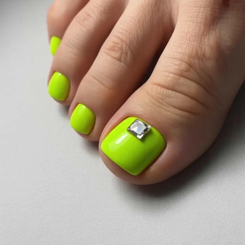 spring toe nails 2026 Neon Lime Pedicure with Crystal Accent