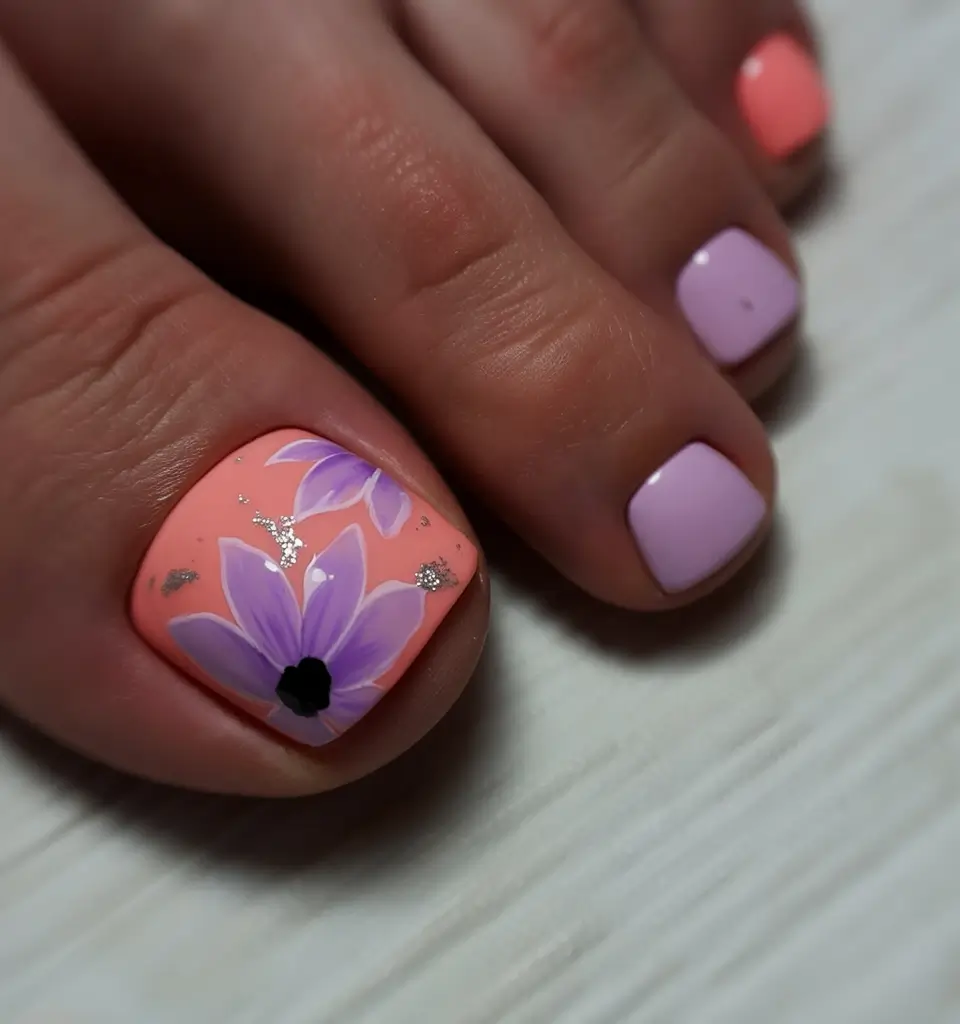 spring toe nails 2026 Peach and Lavender Floral Accent Pedicure