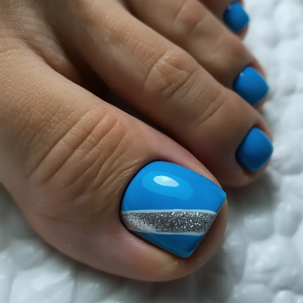 spring toe nails 2026 Sky Blue Pedicure with Silver Graphic Stripe