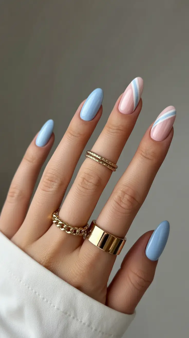 gorgeous spring wedding nails 2026 Modern Blue and Pink Wedding Nails with Graphic Elegance