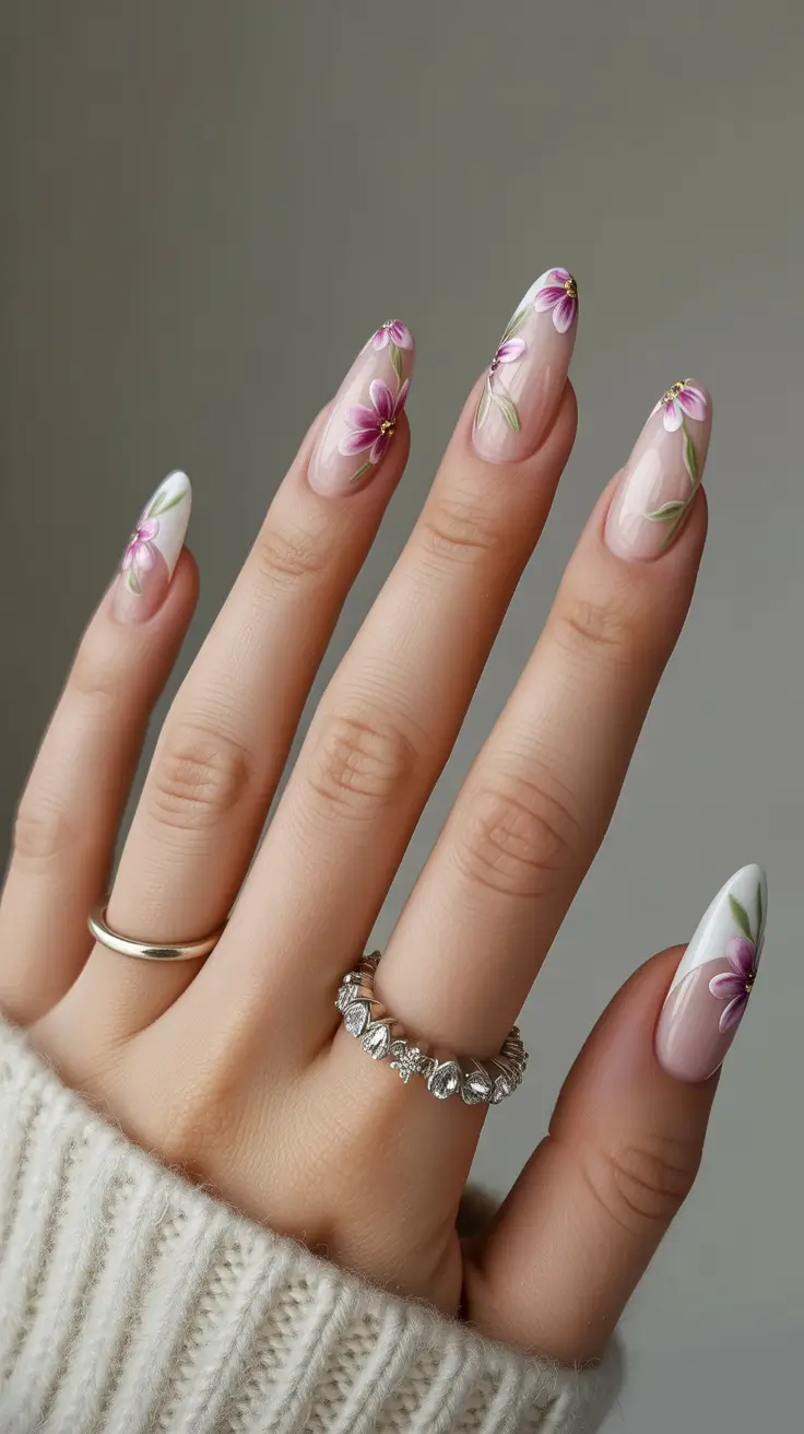 gorgeous spring wedding nails 2026 Romantic Botanical Floral Nails for an Elegant Spring Bride
